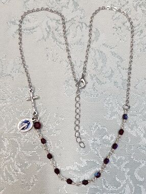 Sterling Silver Women’s Rosary Necklace with Deep Red Crystals!